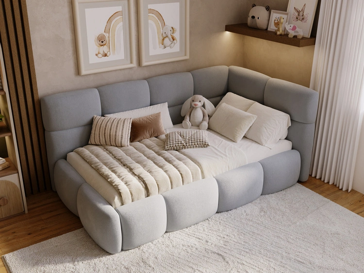 Gepolstertes Jugend-Einzelbett mit Bettkasten und Holzrost 90x200 Modo One Links Grau