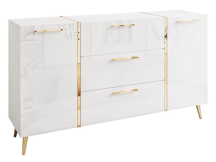 Wohnzimmer-Set mit goldenen Metallbeinen und goldenen Griffen Lunelie Weiß Hochglanz