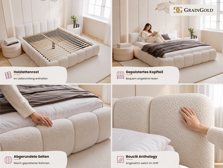 Polsterbett ohne Bettkasten mit Lattenrost 180x200 Cloud Low aus Bouclé-Stoff Beige