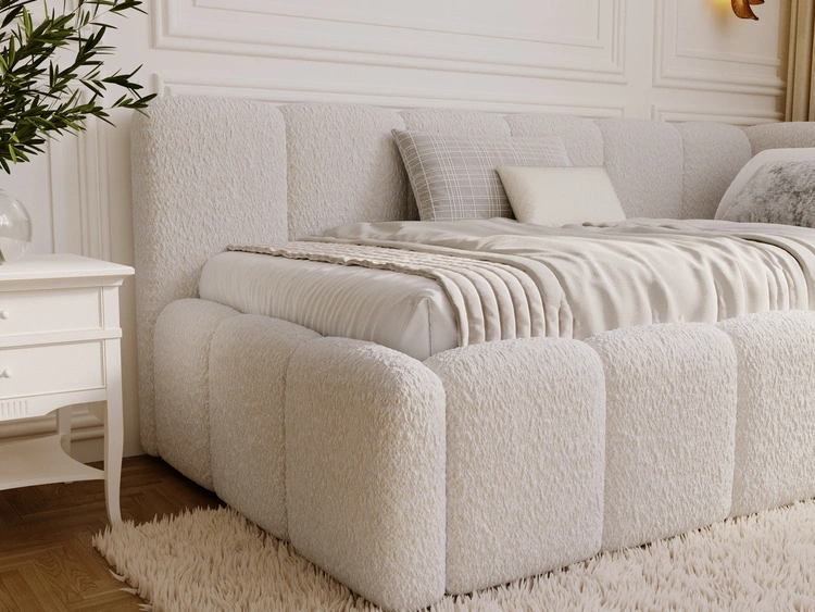 Jugendbett Einzelbett mit Bettkasten und Lattenrost 90x200 Cloud One Beige Bouclé-Stoff
