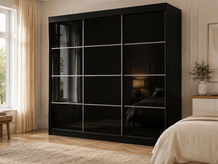 Schiebetürenschrank mit Sprossen 250 cm mit LED-Beleuchtung Ponti Schwarz