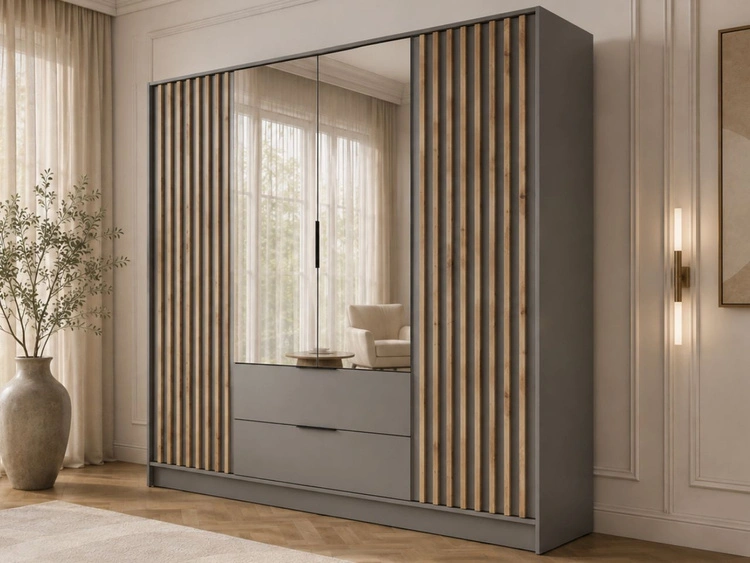 Kleiderschrank mit Spiegel 206 cm Macron Grau, Artisan Eiche